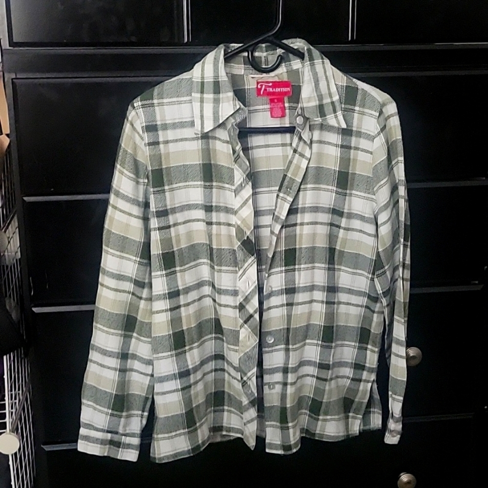 Green And Cream Button-up Flannel Shirt Size Small Plaid
